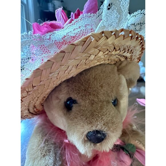 Bearly People Pink feather boa pearls rose tan bear 12" jointed vintage - Picture 13 of 13